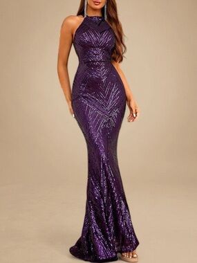 Purple Sequin Halter Evening Gown
